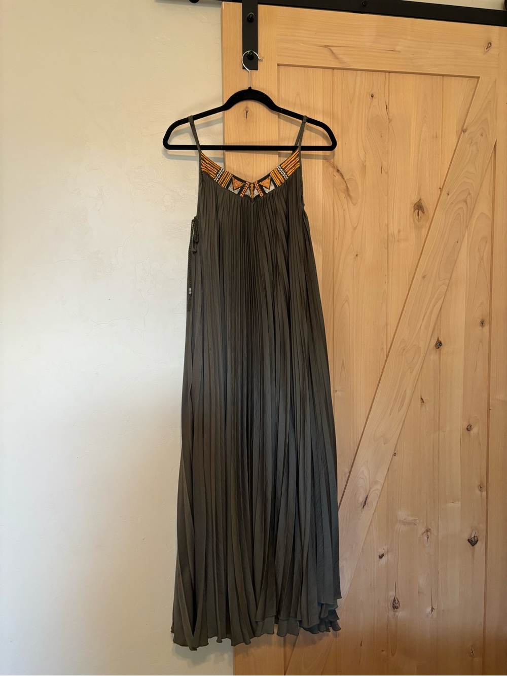 Free People Pleated Midi Dress with Embroidered Neckline